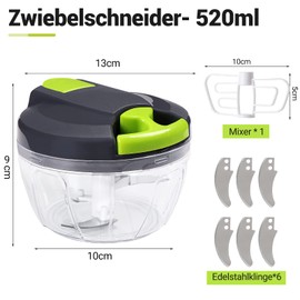 Zwiebelschneider 520ml Gemüseschneider Manuell Zwiebel Zerkleinerer mit Servounterstützung, Zwiebelhacker 10 Sekunden Hacken & Mischen, Multizerkleinerer zusätzlichen 3 Edelstahlklingen und 1 Mixer