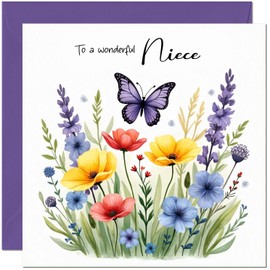 Lovely Niece Birthday Card with Flowers & Butterfly design - Floral Birthday Cards for Niece