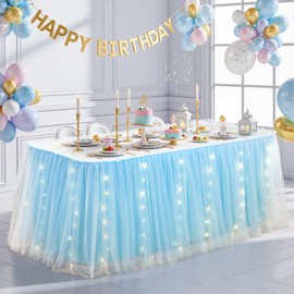 14FT Baby Blue Tulle Table Skirt for Rectangle or Round Tables, Baby Blue Tutu Table Skirt with Lights for Baby Shower, Ruffle Tulle Tableskirt for Mermaid Birthday Party Gender Reveal