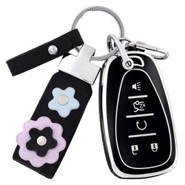 OFF WE GO for Chevy Key Fob Cover with Leather Keychain, Soft TPU Key Fob Case for Chevy Malibu Traverse Equinox Cruze Sonic Volt Spark Bolt Blazer Camaro Impala Trax Tahoe (Silver Black)