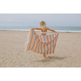 InfuseZen Terry Cloth Lined Turkish Towel with Colorful Striped Design, 100% Cotton Beach Peshtemal, Oversized Quick Dry Travel Pool Hammam (Orange/Navy)