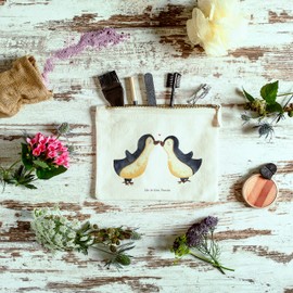 Mr. & Mrs. Panda Penguin Love Makeup Bag, White, Hand drawn