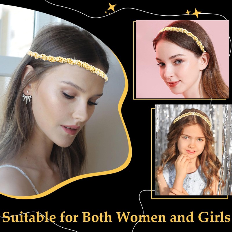 Tihebax Gold Adjustable Rhinestone Headband for Women, Elastic Gold Headpiece
