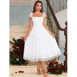 EYNMIN Lace Strap Chiffon Dresses for Women Casaul Flowy A Line Midi Tea Party Dress