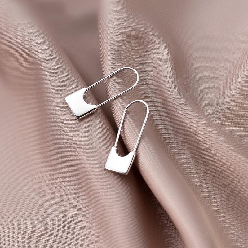 Sterling Silver Padlock Square Safety Pin Hoop Drop Cuff Earrings