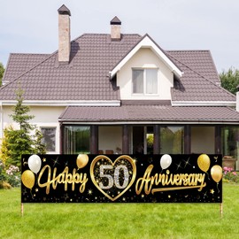 Happy 50th Wedding Anniversary Banner Decorations, Black Gold 50th Anniversary Sign Party Supplies, 50th Wedding Anniversary Banner Photo Booth for Outdoor Indoor