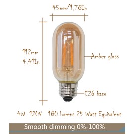 CTKcom T45 E26 Amber Antique LED Edison Light Bulb,T14 LED Tubular Vintage Antique Dimmable led Bulb,4 Watt 120V 2200K Warm White 180 lumens 40 Watt Equivalent,4 Pack