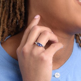 TJC Tanzanite Trilogy Ring for Women in Platinum Plated 925 Sterling Silver Size Z Prongs Setting Gemstone Blue Coloured December Birthstone