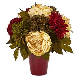 Nearly Natural 14in. Peony, Hydrangea and Dahlia Artificial Arrangement in Burgundy Vase