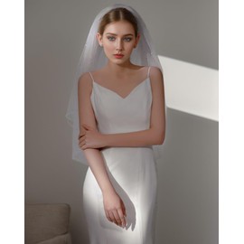 azaleas Wedding Bridal Veil with Comb 1 Tier Cut Edge Fingertip&Cathedral Length Pearl(V05), White-fingertip Length:90*160cm/35.43*62.99in, One Size