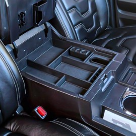 TACOBRO Center Console Organizer Compatible with 2014-2017 2018 2019 2020 2021 Tundra Accessories, Crewmax Interior Armrest Underseat Storage Box- Full-coverage Insert Tray, Black Trim