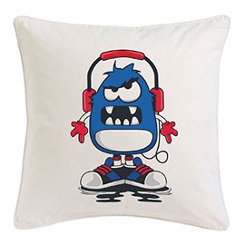 Reifen-Markt Cushion Cover 40 x 40 cm Monster with Headphones Techno Jazz Funky Soul Trance Festival House Hip Hop DJ Microfibre in White