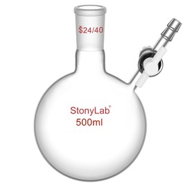 Stonylab Reaction Flask - Borosilicate Glass Single-Neck Flask with 24/40 Joint and PTFE Stopcock Valve, Round Bottom, 500 ml