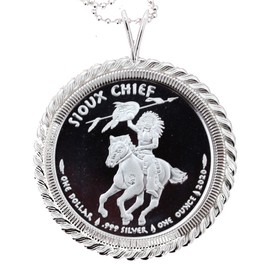 2020 $1 Chief One Ounce .999 Fine Silver Gem BU Uncirculated Proof Coin Solid 925 Sterling Silver Necklace NEW - Sioux Indian War