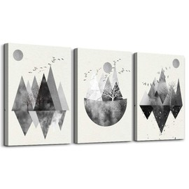 Black and white Abstract canvas Wall Art for living room Canvas Prints Artwork bathroom Wall Decor Abstract Mountain geometric Watercolor painting 3 Pieces Framed bedroom wall decorations Home Decor