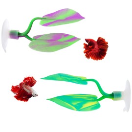 SLSON Betta Fish Leaf Betta Pad Aquarium Decoration Fish Plant Tank Accessories,2 Pack Double Leaf Soft and Lightweight Fish Leaf Hammock for Playing Resting,Purple and Green
