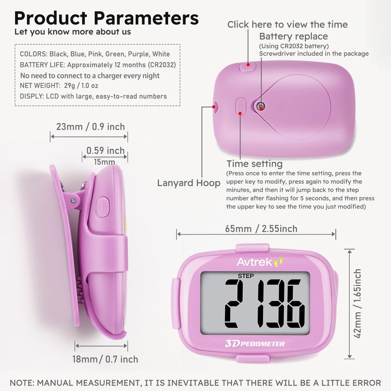 AVTREK Step Counter with Clip and Lanyard, 3D Pedometer Step