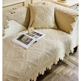 vctops Neutral Cotton Quilted Couch Sofa Cover Floral Embroidery Non-Slip Sectional Couch Covers Soft Cozy Sofa Slipcover for Dogs Cats Pet Armrest Backrest Cover (Beige,43"x82")