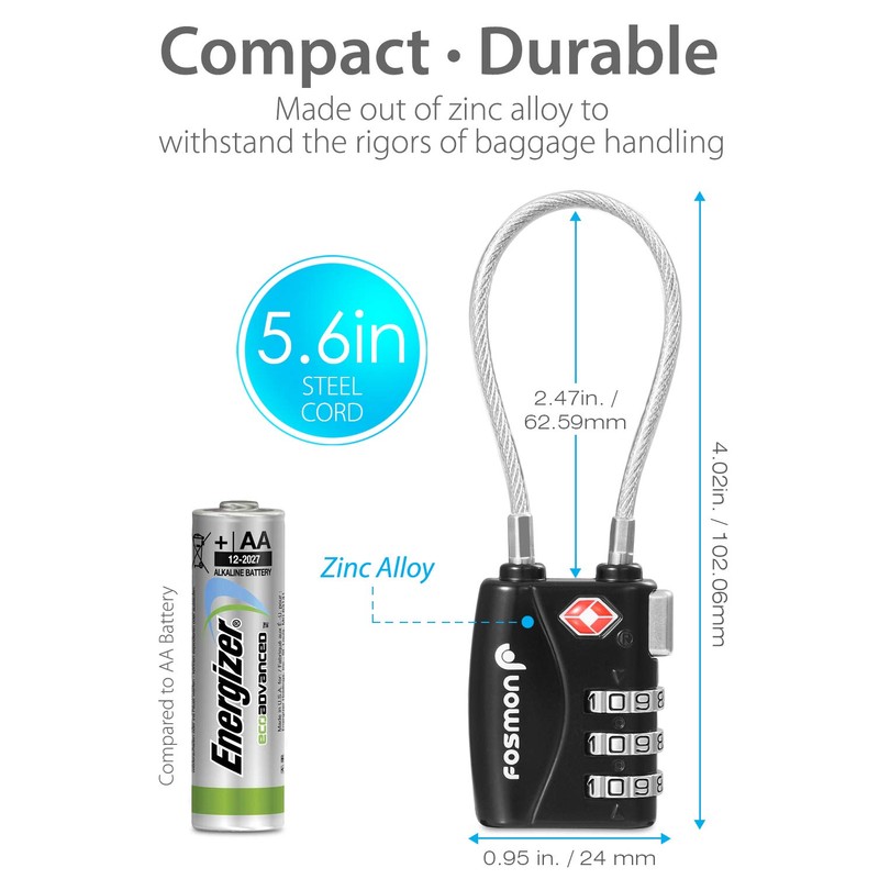 Fosmon TSA 3 Digit Code Cable Lock - 2 Pack