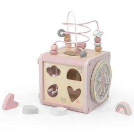 Label Label: 5-in-1 Activity Cube - Pink - Wooden Toy, Shape Sorter, Cog Wheels, Track Maze, Xylophone, Bead Labyrinth, Baby & Toddlers Ages 1+