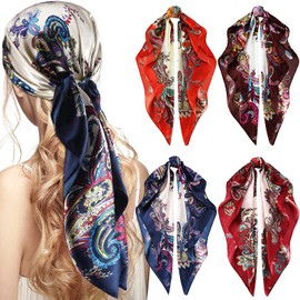 Honoson 4 Pcs 35 Inch Silk Scarf for Women Hair Satin Scarf Square Silk Bandanas Large Head Scarves for Sleeping(Elegant Series)