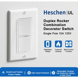 Heschen 10 Pack Duplex Rocker Switch, 15Amp, 120Volt, Single-Pole, AC Combination Switch, Residential/Commercial Grade, Grounding, White, Wall Plate is Included, UL & CUL Listed