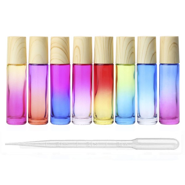 8Pcs 10ml High-grade Rainbow Gradient Color Glass Roll-on Bottles Massage Roller Bottles Vials Containers with Roller Ball & Wood Grain Cap for DIY Essential Oil Perfume Cosmetic Liquid+1 Dropper