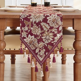 Loom and Mill Vintage Jacquard Table Runner 90 inches Long, Elegant Floral Pattern Dining Table Runners with Tassels, Great for Table Setting Kitchen Dresser Party Holiday Decor(Burgundy, 13x90in)