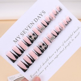 IMSOHOT Duck Press on Nails Matte Pink French Tips Fake Nails with Duckbill Designs Full Cover Heart Bow Pearl Acrylic False Nails Medium Cute Duck Feet Shape Glue on Nails Manicure Nails Kit, Black