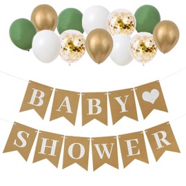 Baby Shower Banner Birthday Bunting with Balloons Sage Green Gold for Birthday Party Decorations