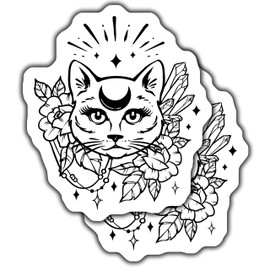 Mystic Cat Sticker - Crystal Decal Lover Gift Witchy Black Decor Floral Design Magic Art 5-inch 2-Pack Stickers CCSTICKER01638