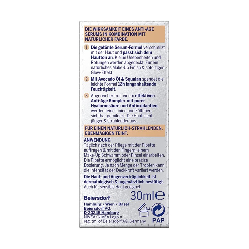 NIVEA 3-in-1 Hyaluronic Serum Foundation Dark (30 ml), Anti-Age Foundation