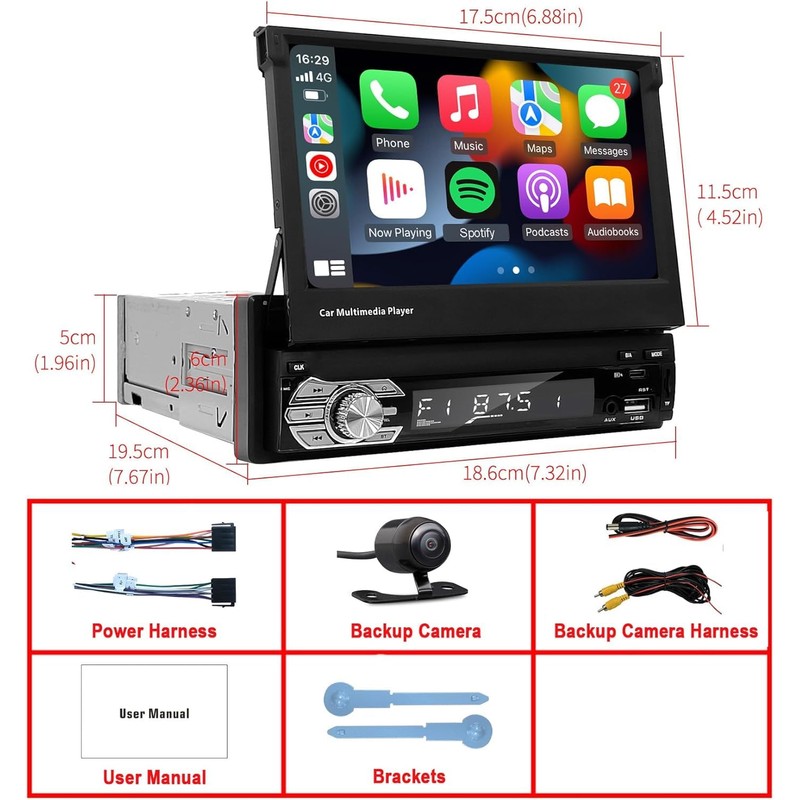 Single-Din-Touchscreen-Radio,Carplay&Android Auto,Car-Stereo-with Backup Camera Bluetooth/FM/RDS Radio/Type-C/USB/SD/MP4/MP5 Player EZoneTronics