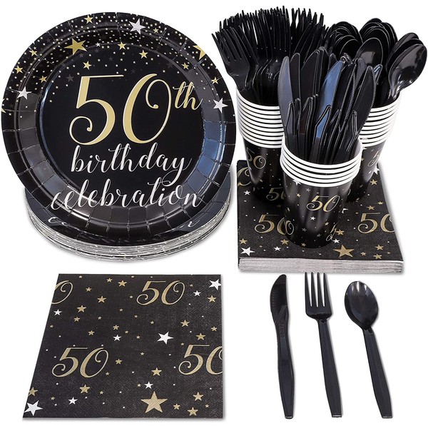 50th Birthday Party Bundle, Includes Plates, Napkins, Cups, and Cutlery (24 Guests,144 Pieces)
