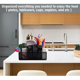 Paper Plate Organizer For Kitchen Countertop, Metal Silverware Caddy With 6 Compartments For Plate, Cup, Napkin, Paper Plate And Utensil Holder Caddy For Barbecue,Party, Camping, Picnic (BLACK)