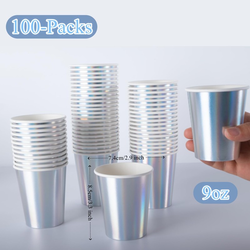CEILIWEN 100 Pack 9oz Iridescent Holographic Rainbow Paper Cups -