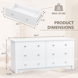 YESHOMY 6 Drawer Dresser for Bedroom, Wood White Dresser, Chest of Drawers Storage Organizer, TV Stand for 55 inch TV, for Living Room, Hallway, Closet