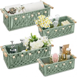 Vesici 4 Pcs Sage Green Macrame Storage Basket for Shelves 13" 11" Boho Storage Basket Hand Woven Boxes with Wood Handles Beads Decorative Countertop Toilet Cabinet Organizer for Home Decor