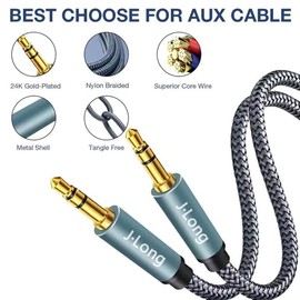 3.5mm Aux Cable 0.3M, J•LONG Nylon Braided 3.5mm Male to Male Auxiliary Audio Stereo Cord Compatible with Car,Headphones,Tablets,Laptops,Android Smart Phones& More (0.3m/1FT)
