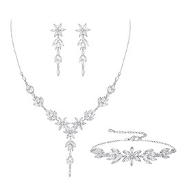 EVER FAITH Wedding Jewelry Set for Bride Bridesmaid, Flower Leaf Marquise Cubic Zirconia Necklace Dangle Earrings Bracelet Party for Women