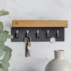 AE GÜNTHER® Wooden Key Holder, Key Holder, Black Steel, Oak Key Holder, Key Organiser with Shelf, Key Holder, Wall Organiser, Key Rack