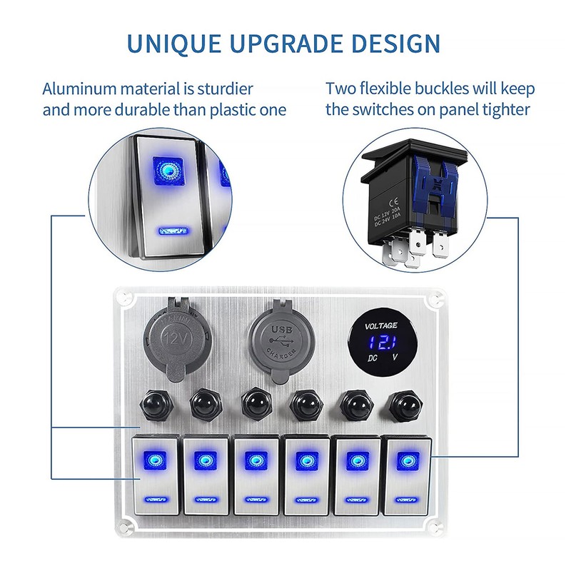Rocker Switch Panel 8 Gang 12‑24V 5 Pin Blue Light