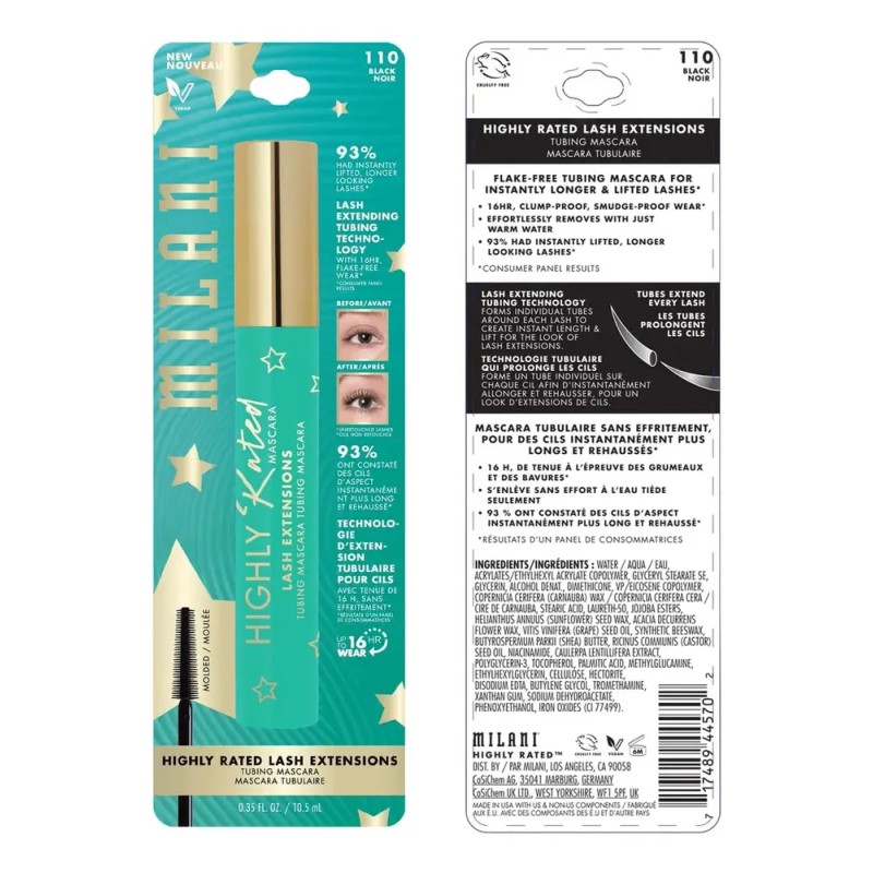 Máscara de pestañas Milani Highly Rated Lash Extensions Negro a