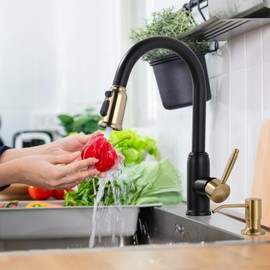 Black Gold Kitchen Faucet with Soap Dispenser, WOWOW Stainless Steel Kitchen Faucet for Sink 2 or 4 Hole, High Arc Vintage Kitchen Sink Faucet with Pull Down Sprayer