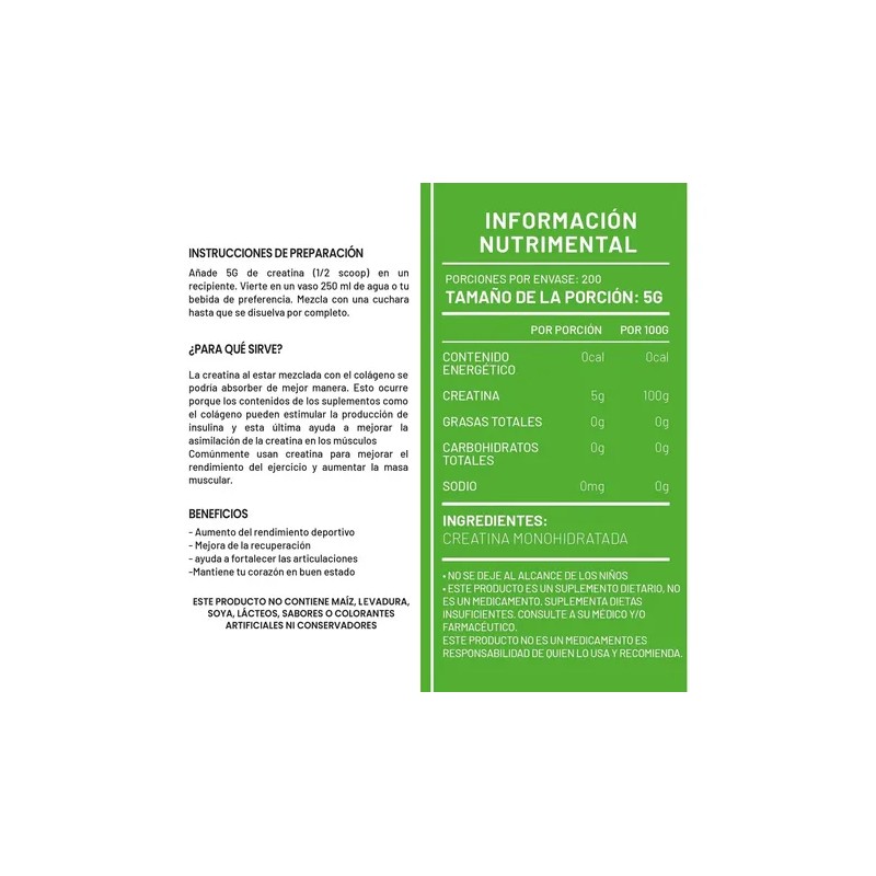 Creatina Monohidratada Natural Green, 1 kg de Polvo con 200