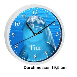 CreaDesign WU-30-1128 Dolphin Wall Clock for Children's Room, Silent Movement without Ticking, Customisable with Name, White Frame, Diameter 19.5 cm