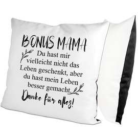 glitzertassen.de® Bonus Mama Cushion with Saying Gift Mother's Day Cushion with Print Love Decorative Photo Cushion Cuddly Cushion White/Black