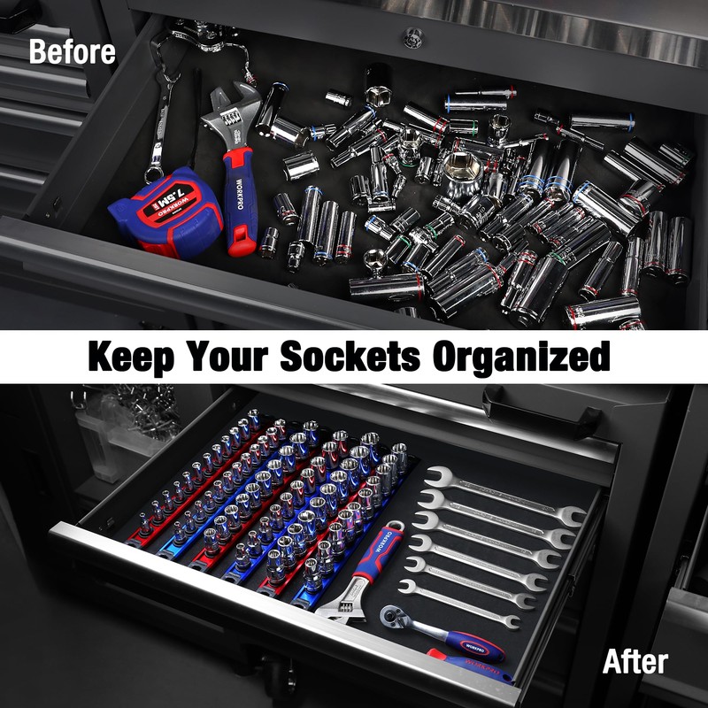 WORKPRO Magnetic Socket Organizer Set, 3-Piece Aluminum Alloy Socket Rail,