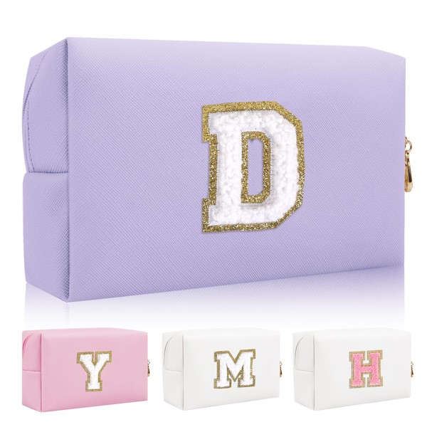 Bolsa de maquillaje con parche inicial personalizada, bolsa de chenilla