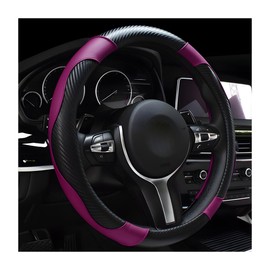 DXNQ Car Steering Wheel Cover, 15 Inch Carbon Fiber Leather Stitching Color Steering Wheel Protector, Anti-Slip Elastic Breathable Steering Wheel Cover Stylish Decor for Most Cars (Black&Purple)